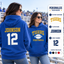 Personalized football hoodie with custom team name, player name and jersey number