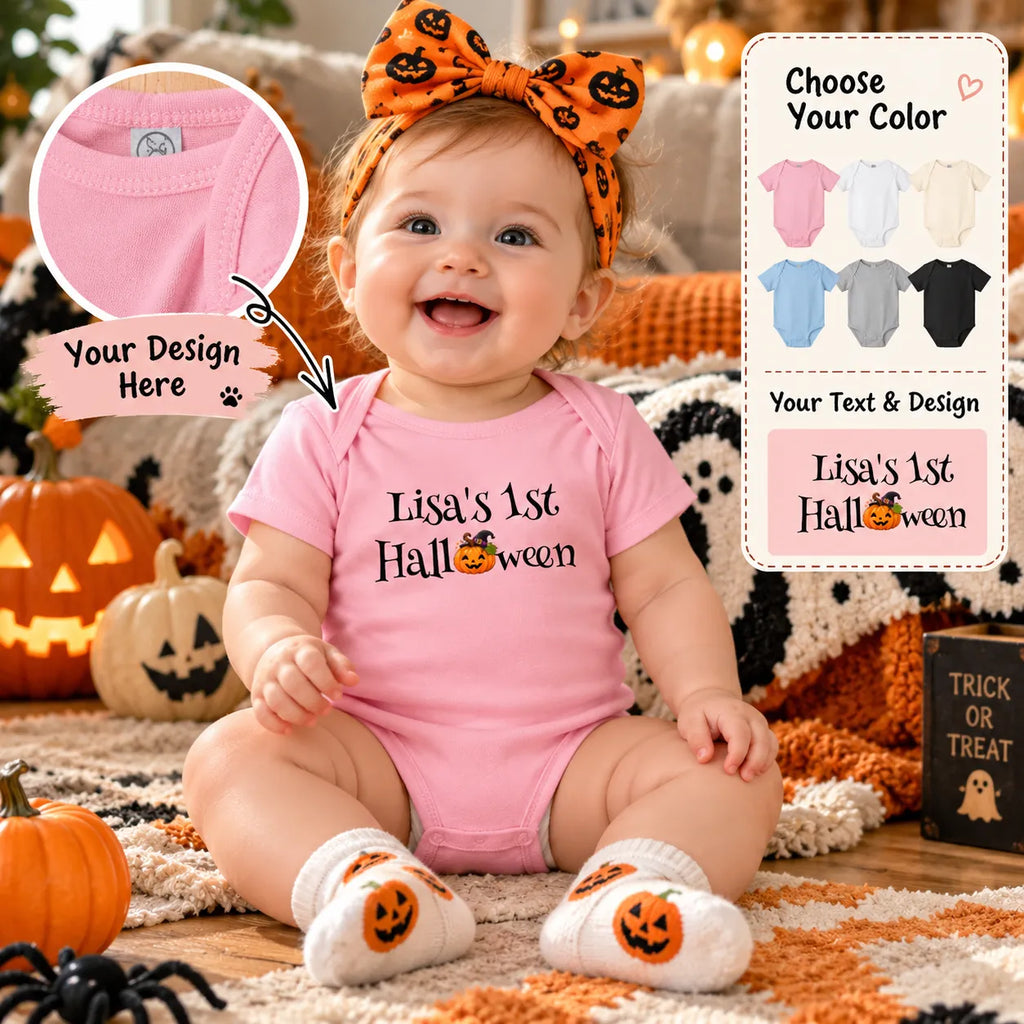 Baby’s First Halloween Bodysuit – Personalized Pumpkin Baby Onesie, Custom Name Halloween Outfit