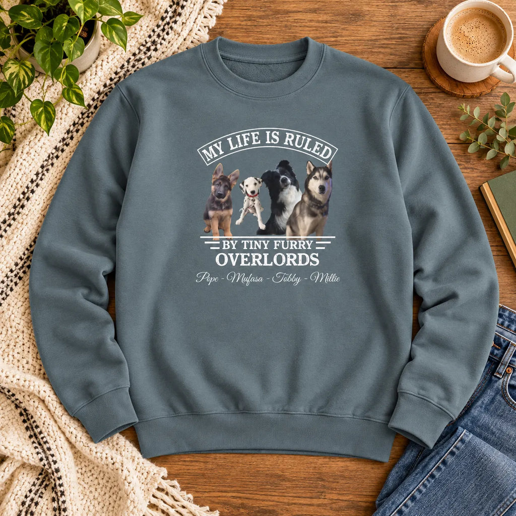 Custom Pet Sweatshirt with Dog & Cat Photos, My Life Is Ruled by Tiny Furry Overlords Design, Gift for Pet Lovers
