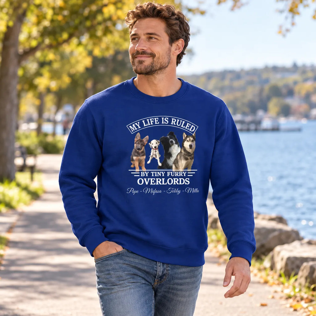 Custom Pet Sweatshirt with Dog & Cat Photos, My Life Is Ruled by Tiny Furry Overlords Design, Gift for Pet Lovers