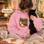 Book Lover Gifts, Dog Lover Gifts, Custom Pet Gifts, Personalized Pet Gifts- Halloween Ghost Reading Books With Black Cat Unisex Hoodie