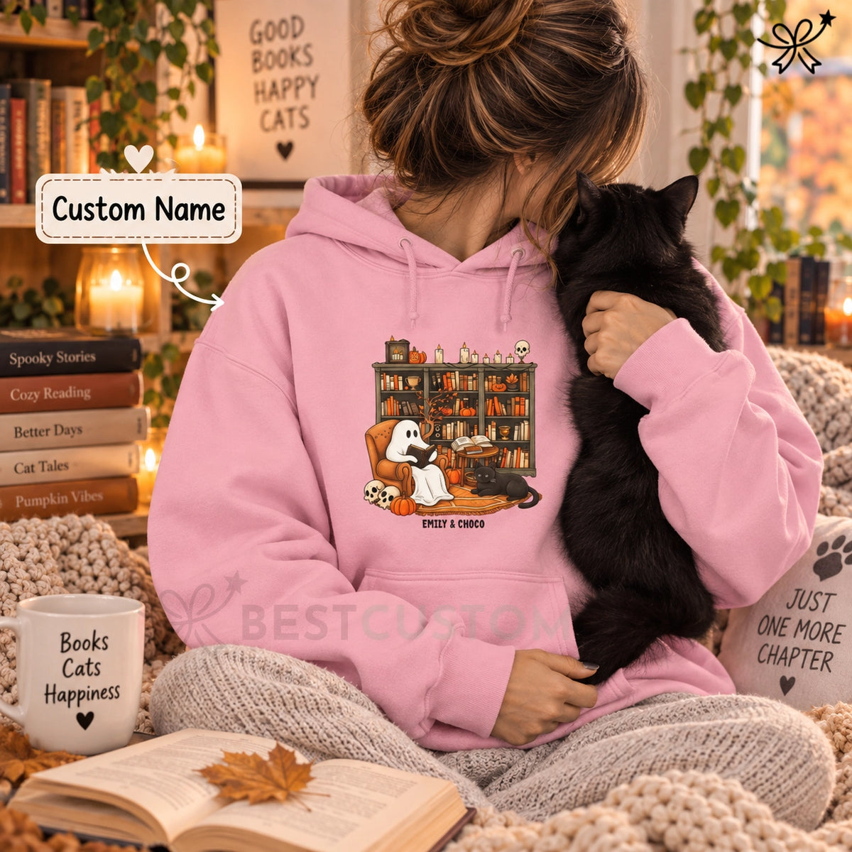 Book Lover Gifts, Dog Lover Gifts, Custom Pet Gifts, Personalized Pet Gifts- Halloween Ghost Reading Books With Black Cat Unisex Hoodie