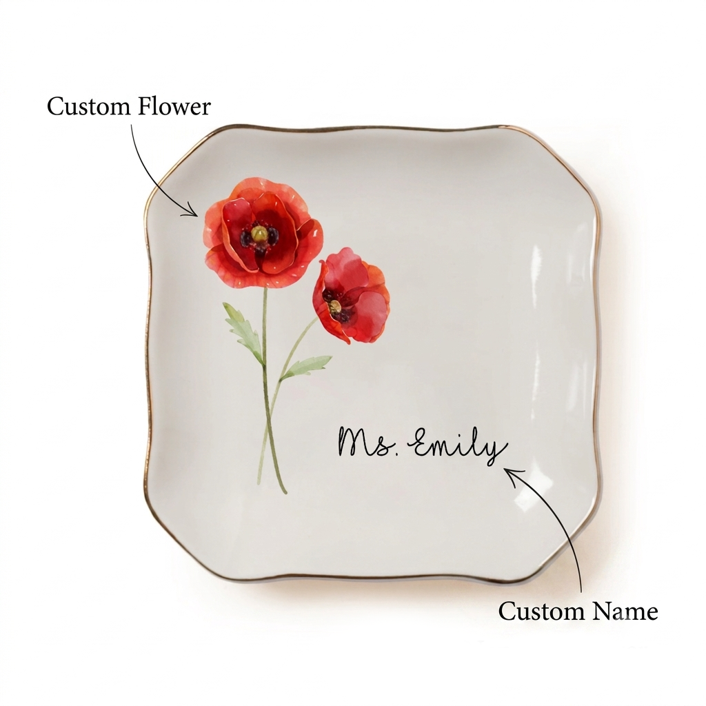 Personalized Jewelry Dish with Birth Flower & Custom Name
