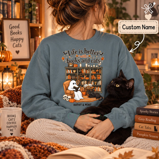 Book Lover Gifts, Dog Lover Gifts, Custom Pet Gifts, Personalized Pet Gifts- Life is Better with Books and Cats Unisex Sweatshirt Hover Image