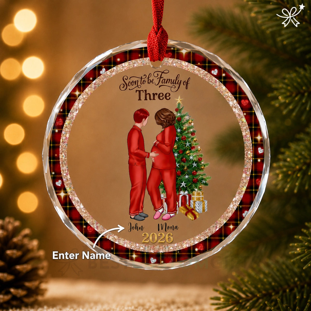 Soon to be Family of 3 Christmas Ornament, Personalized Pregnancy Ornament, Baby Announcement Glass Ornament