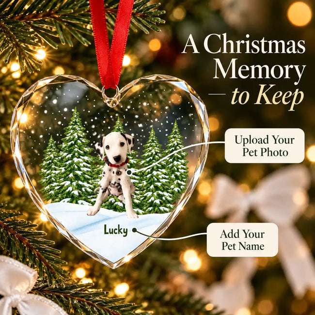 Personalized Pet Memorial Christmas Ornament – Custom Dog & Cat Photo Heart-Shaped Glass Ornament, Pet Lover Gift Main Image