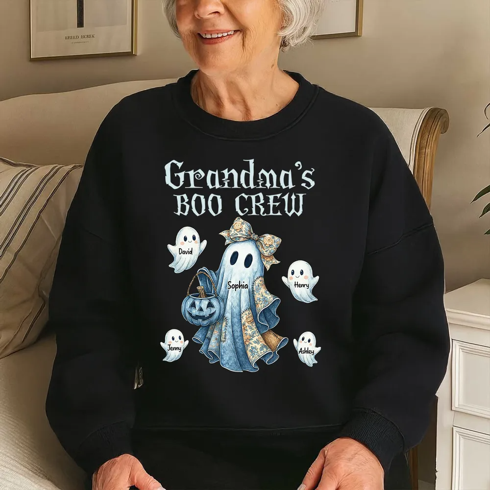 Grandma's Boo Crew Retro Halloween Blue Denim Ghost Personalized Sweatshirt, Spooky Sweatshirt for Grandma, Mom