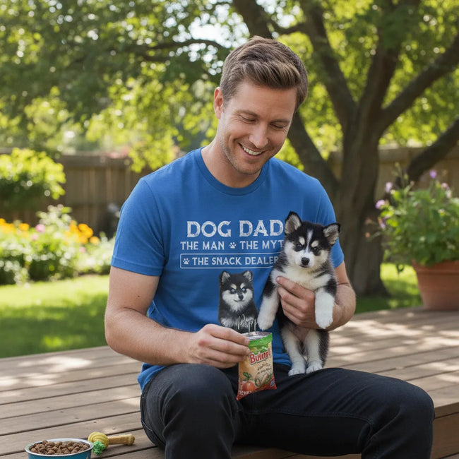 Personalized Dog Dad Photo & Name Unisex T-Shirt – Custom 1–3 Pet Images Snack Dealer Gift Main Image