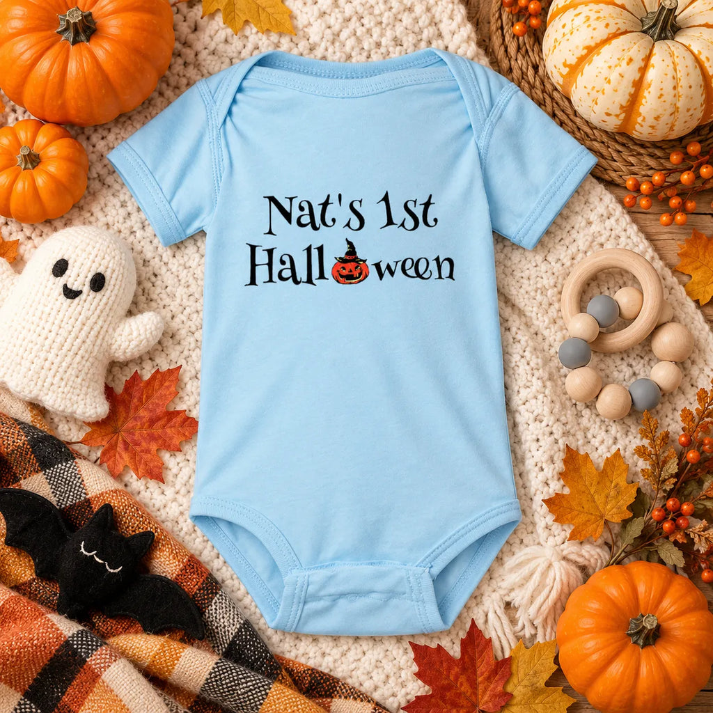 Baby’s First Halloween Bodysuit – Personalized Pumpkin Baby Onesie, Custom Name Halloween Outfit