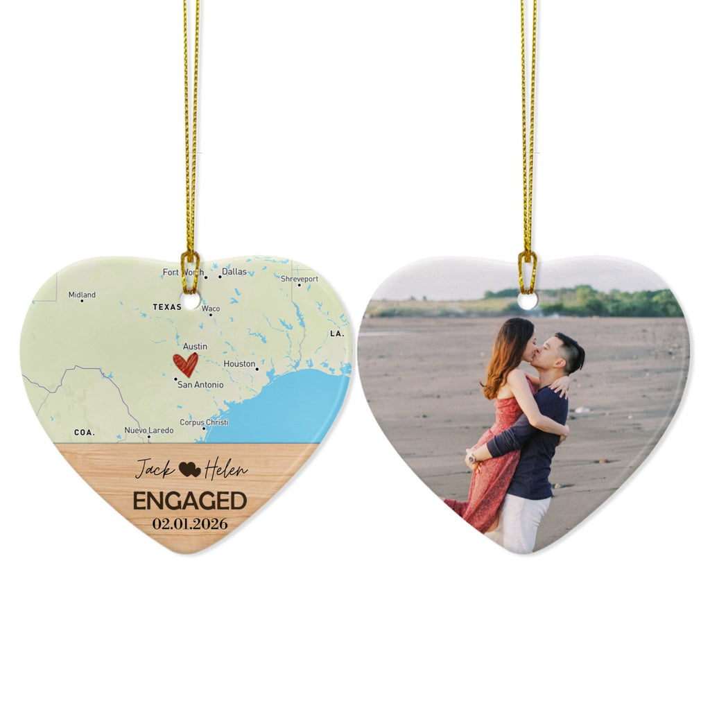 Engagement Ornament - Custom Map & Photo Gift Heart-shaped Ceramic Ornament