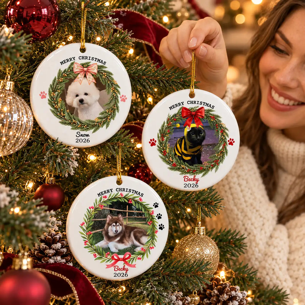 Personalized Pet Christmas Ornament – Custom Dog & Cat Photo Ceramic Ornament