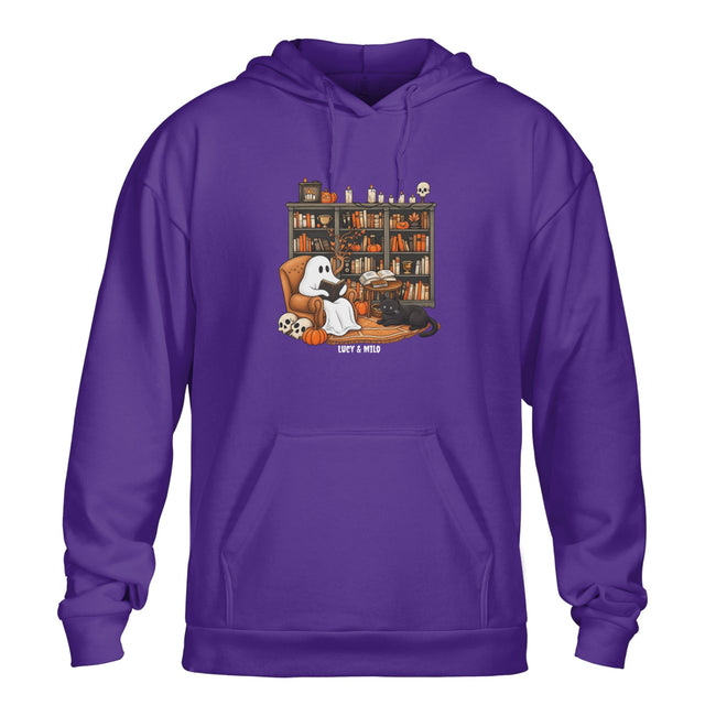 Halloween Ghost Reading Books With Black Cat Unisex Hoodie Main Image
