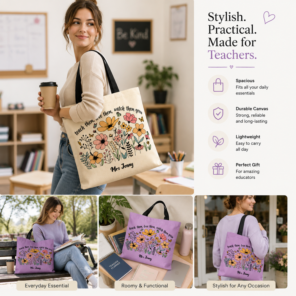 Teach Them, Love Them, Watch Them Grow - Personalized Lined Tote Bag