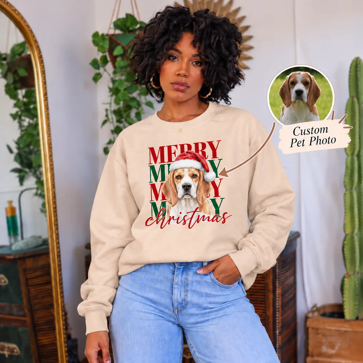 Merry Merry Christmas Custom Pet Sweatshirt-  Personalized Dog Face Portrait