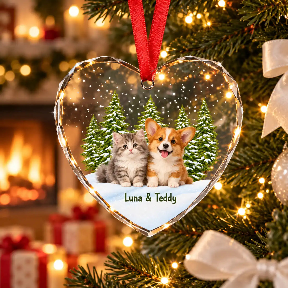 Personalized Pet Memorial Christmas Ornament – Custom Dog & Cat Photo Heart-Shaped Glass Ornament, Pet Lover Gift