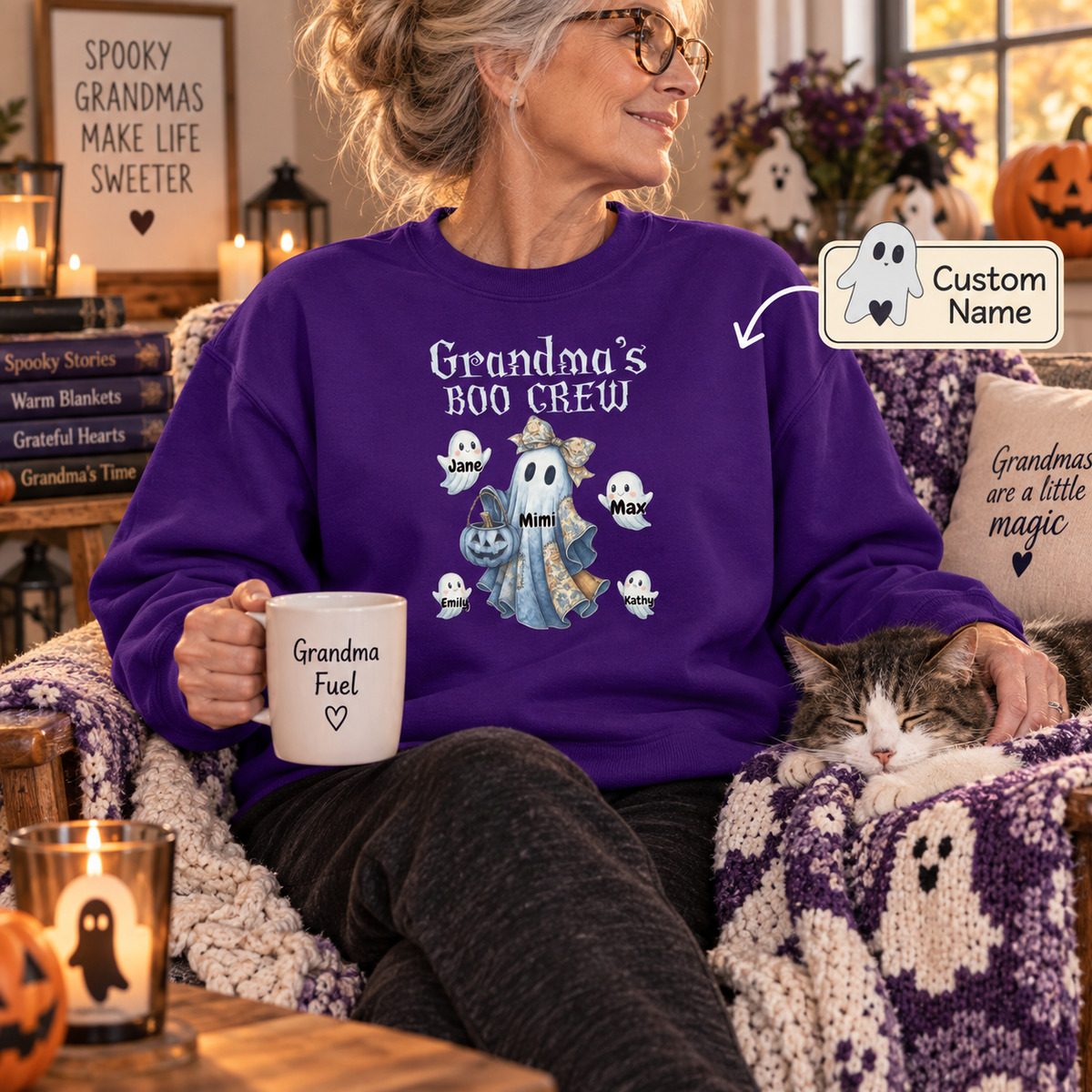 Grandma's Boo Crew Retro Halloween Blue Denim Ghost Personalized Sweatshirt, Spooky Sweatshirt for Grandma, Mom