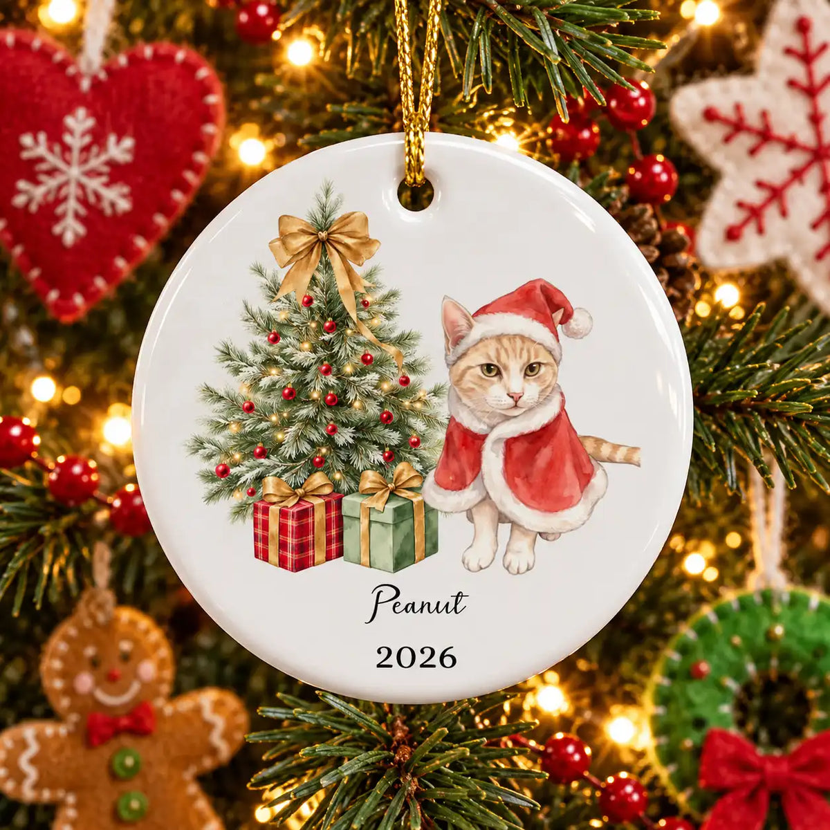 Personalized Pet Christmas Ornament – Custom Watercolor Dog & Cat Portrait Ceramic Ornament, Christmas Tree Design