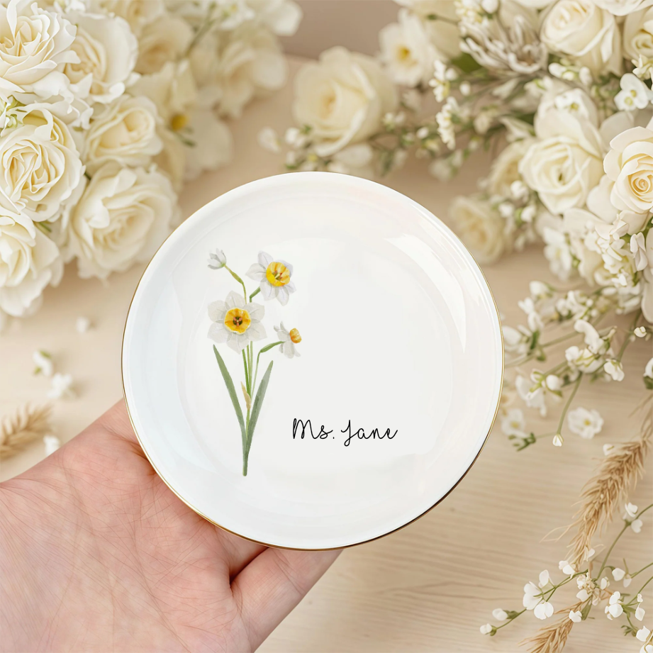 Personalized Jewelry Dish with Birth Flower & Custom Name