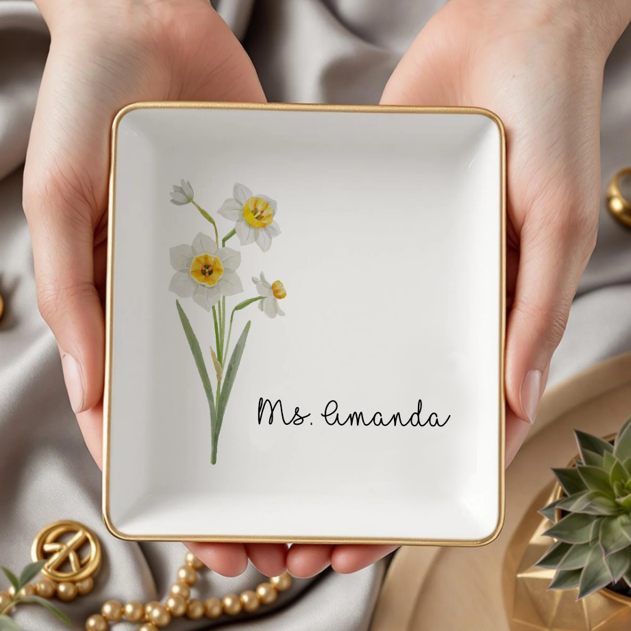Personalized Jewelry Dish with Birth Flower & Custom Name