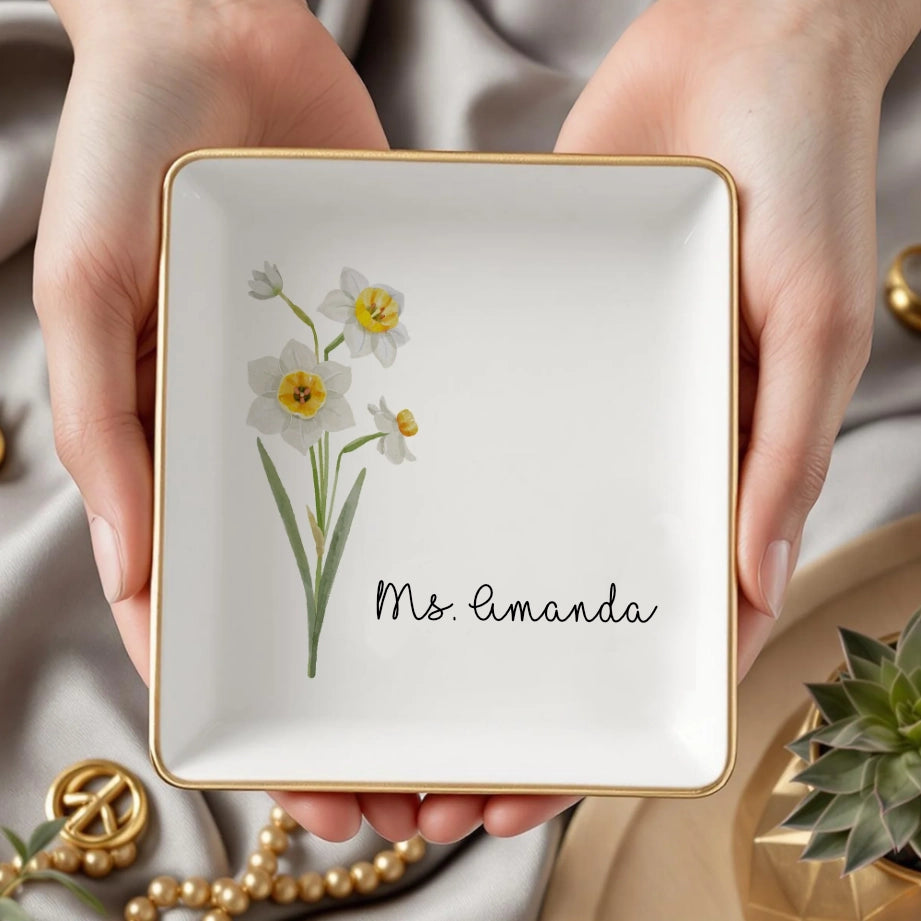Personalized Jewelry Dish with Birth Flower & Custom Name