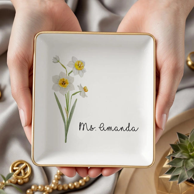 Personalized Jewelry Dish with Birth Flower & Custom Name Main Image