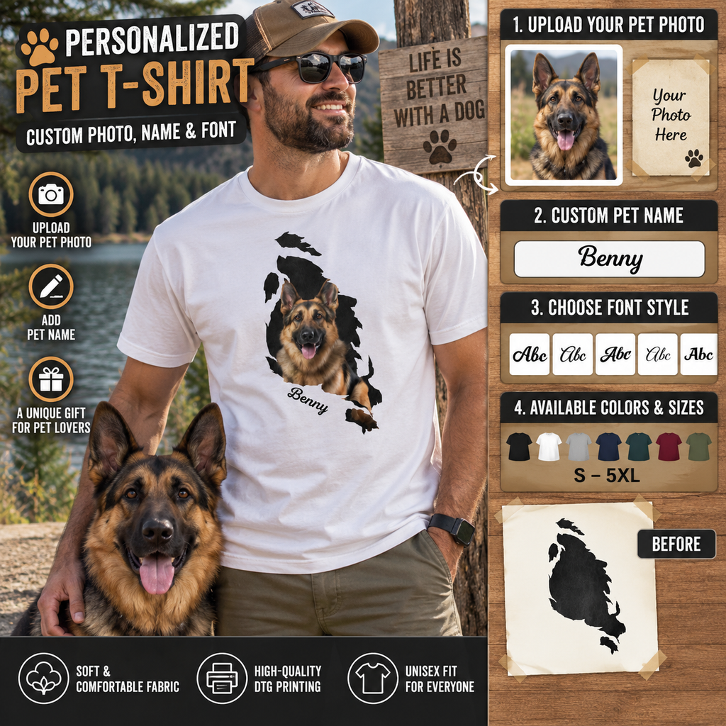 Behind The Scratch Personalized Pet Photo Unisex T-Shirt – Custom Dog Cat Image, Name & Font Gift