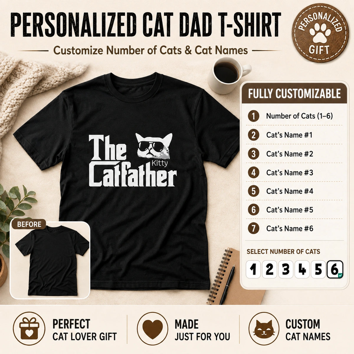 Cat Dad T-Shirt, Personalized Cat Shirt, Custom Cat Shirt, Cat Lover Shirt, Cat Lover Gift