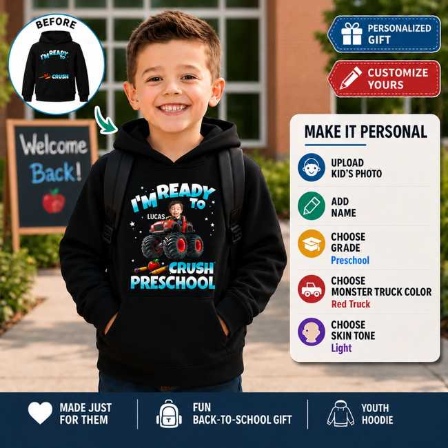 Custom Face Kid Riding Monster Truck Back To School Youth Hoodie Hover Image