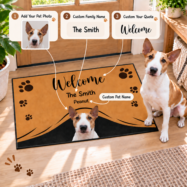 Custom Photo Hello, We're Here - Dog & Cat Personalized Custom Decorative Mat - Gift For Pet Owners, Pet Lovers Hover Image