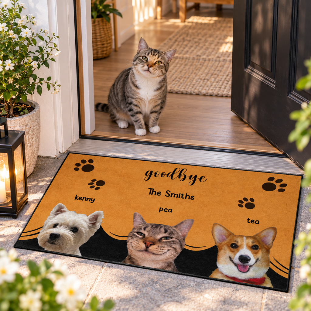 Custom Photo Hello, We're Here - Dog & Cat Personalized Custom Decorative Mat - Gift For Pet Owners, Pet Lovers
