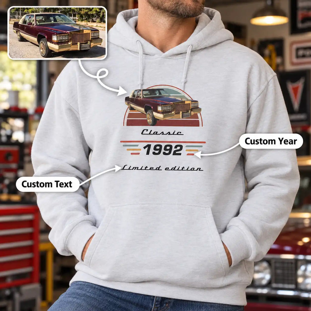 Custom Car Hoodie with Your Photo, Year & Text – Personalized Gift for Dad and Car Lovers
