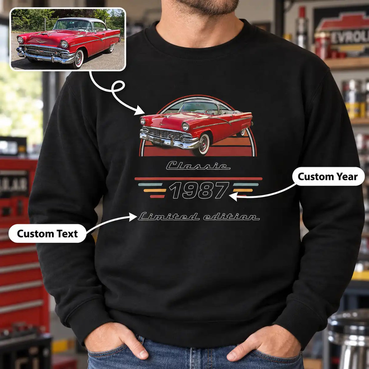 Custom Car Sweatshirt with Your Photo, Year & Text – Personalized Gift for Dad and Car Lovers