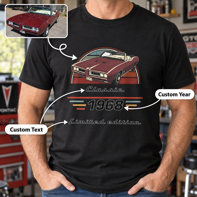 Custom Car T-Shirt, Car Graphic Tee, Gift for Car Lovers – Personalized Car T-Shirt with Photo, Year & Text, Retro Design Hover Image
