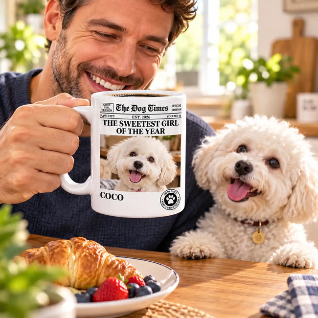 Custom Dog Mug with Photo & Name – Funny Newspaper Coffee Mug Main Image