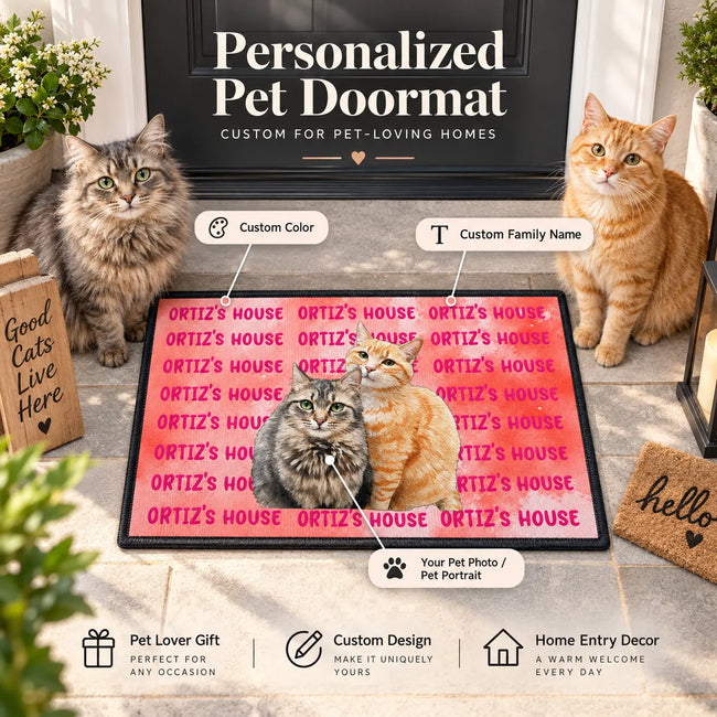 Custom Doormat, Custom Pet Portrait & Name, Watercolor Style Welcome Mat, Gift for Pet Lovers Hover Image