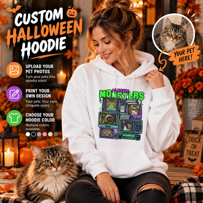 Custom Pet Halloween Hoodie – Personalized Dog & Cat Photo Hoodie, Spooky Season Gift for Pet Lovers Hover Image