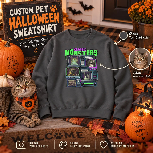Custom Pet Halloween Sweatshirt – Personalized Dog & Cat Photo Crewneck, Halloween Gift for Pet Lovers Hover Image