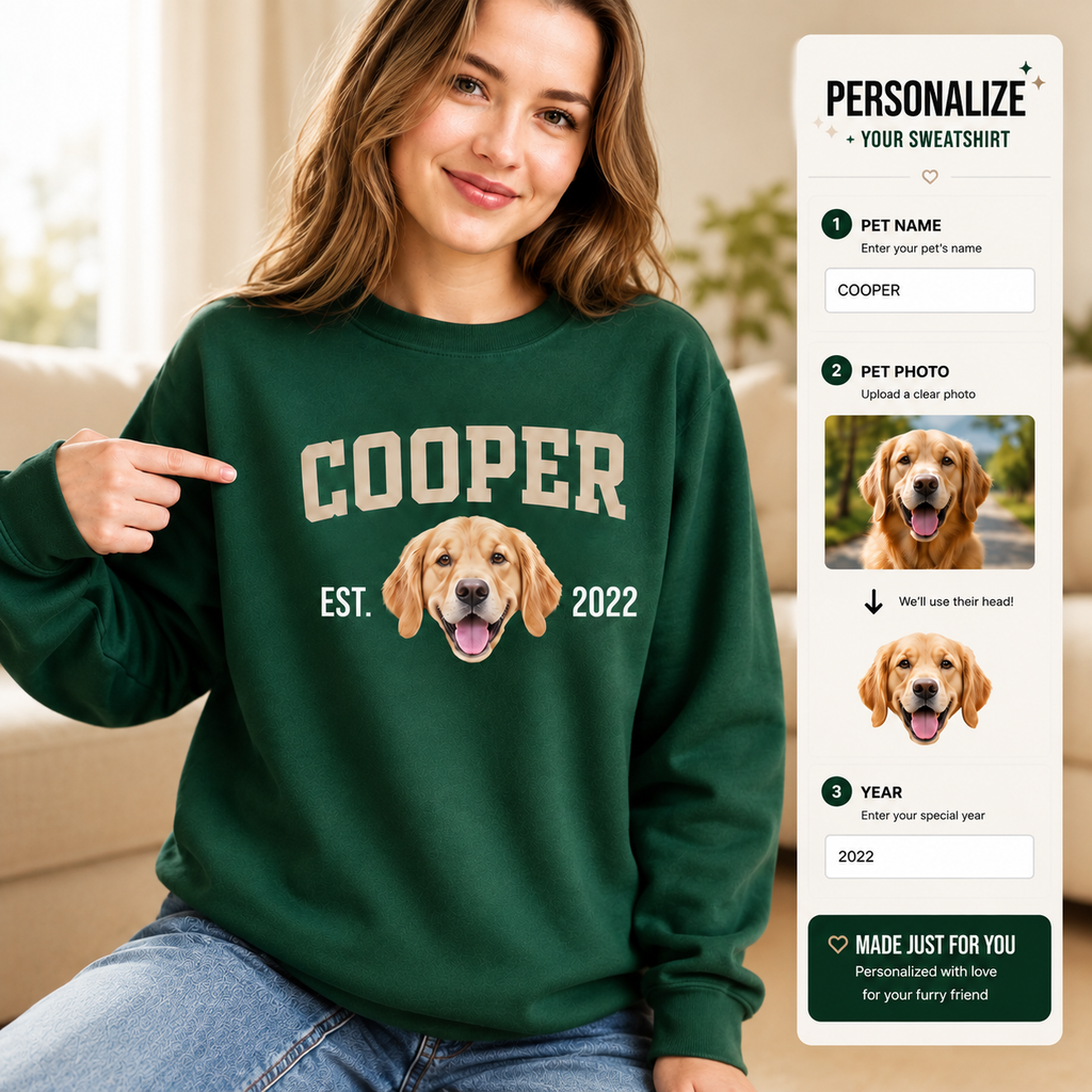 Personalized Pet Photo Crewneck Sweatshirt, Custom Pet Sweatshirt with Pet Name and Year
