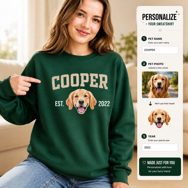 Personalized Pet Photo Crewneck Sweatshirt, Custom Pet Sweatshirt with Pet Name and Year Hover Image