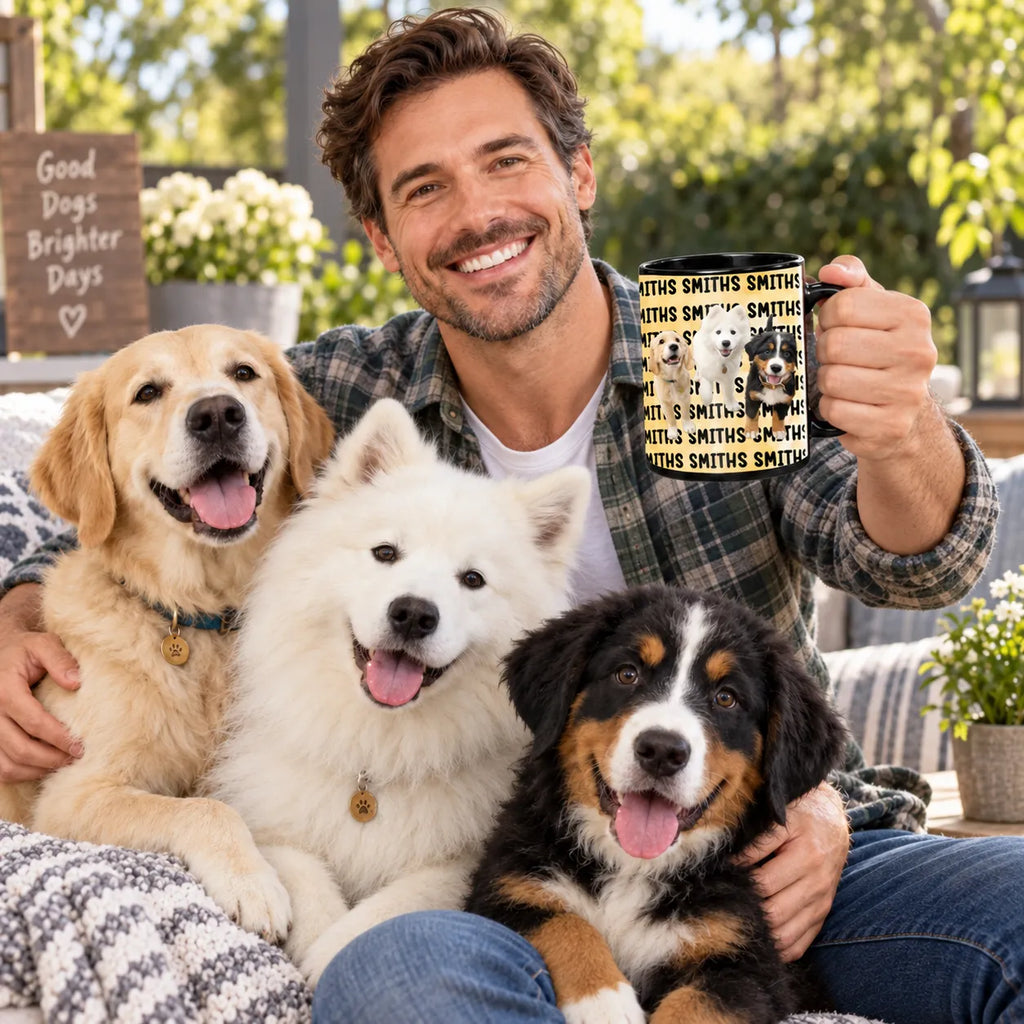 A smiling man sits on a couch with three dogs, holding up a black ceramic mug printed with the name 'SMITHS' repeated in white text and a small dog portrait.