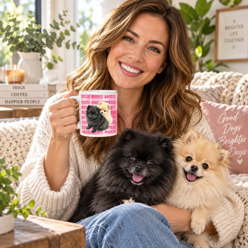 A smiling woman in a cozy living room setting holds up a pink ceramic mug featuring a black dog illustration. Two Pomeranian dogs sit on her lap, with a pink pillow reading 'Good Dogs Brighter Days' in the background.