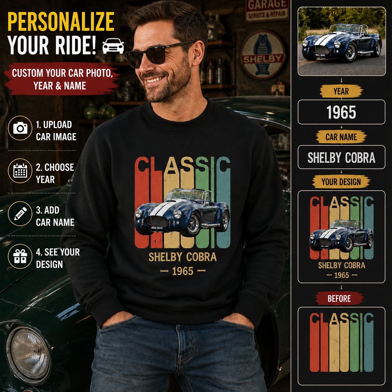 Custom Photo Classic Car Unisex Sweatshirt – Personalized Vintage Car, Year & Car Name Gift