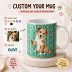 A custom pet-themed ceramic mug displayed on a beige pedestal, featuring a brown and white dog illustration over a teal background with repeated 'OLIVE' text. The image includes promotional text, a color selection guide, and a pet photo placeholder demonstrating personalization options.