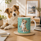 A ceramic mug with a custom illustrated dog portrait and the name 'OLIVE' printed in teal text, placed on a woven coaster on a wooden desk next to a real dog.