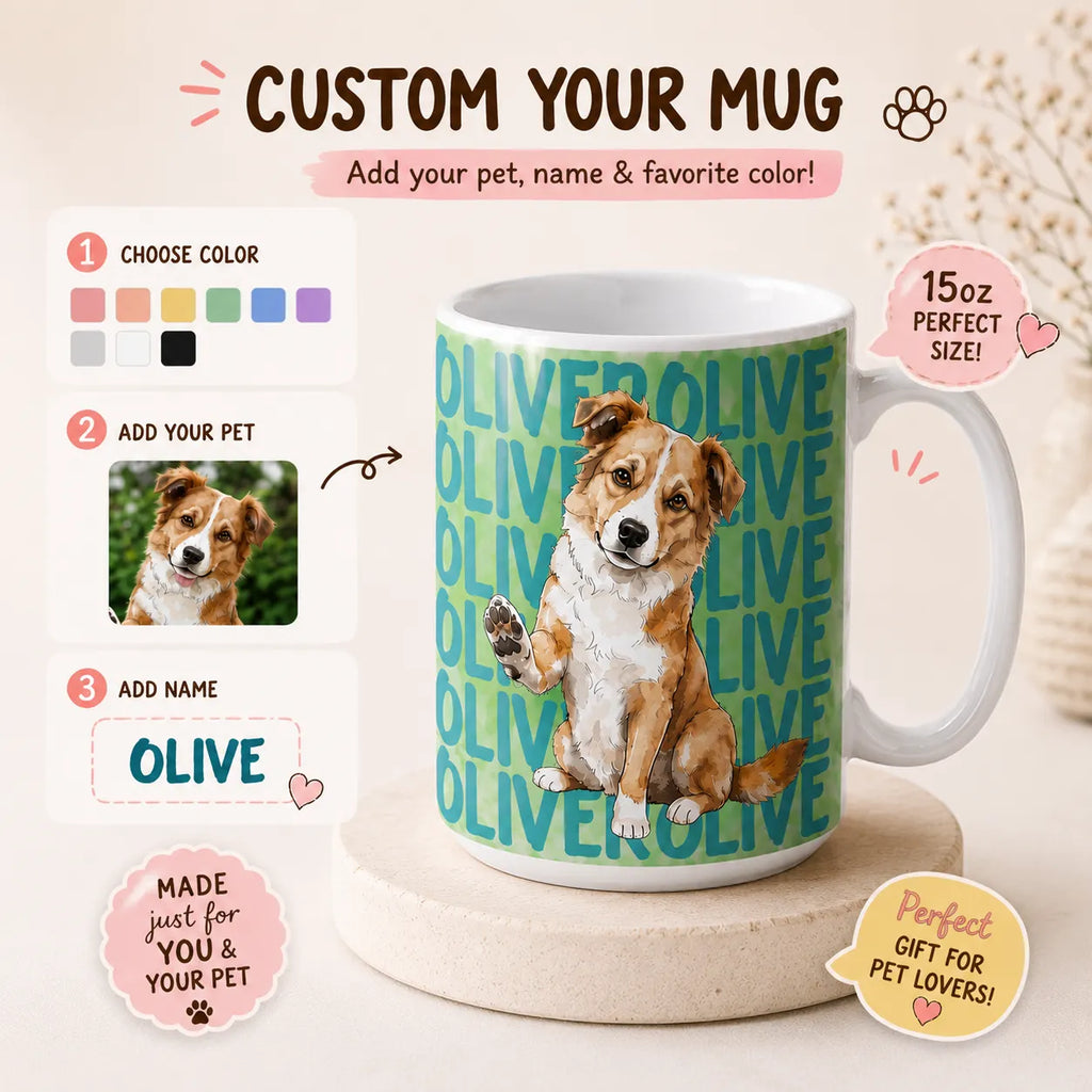 A customized ceramic mug featuring a watercolor illustration of a brown and white dog on a teal background with the word 'OLIVE' repeated. The image is a promotional graphic with instructions on how to customize the mug, including choosing a color, uploading a pet photo, and adding a name, set against a warm beige background.