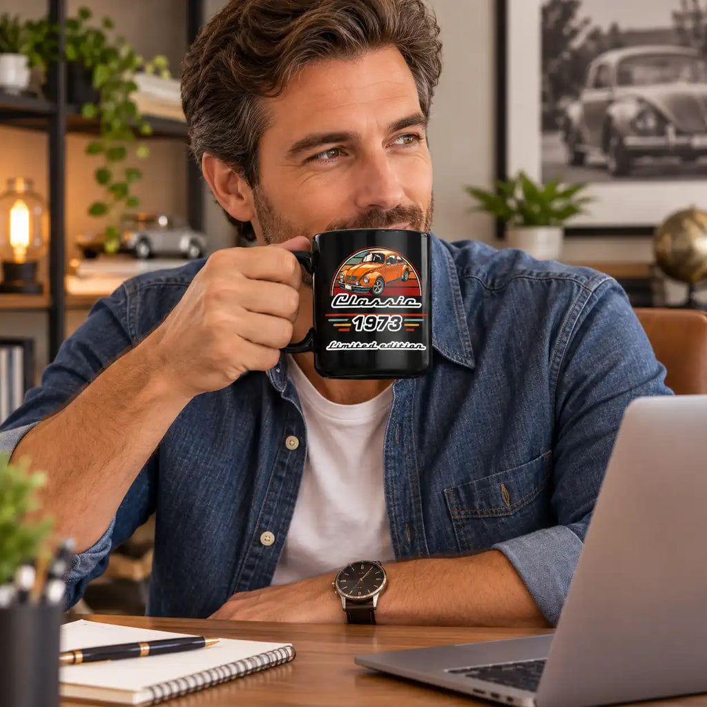 Custom Vintage Car Lover Coffee Mug, Retro Classic Car Design, Personalized Year, Ceramic Cup for Father's Day (15oz)