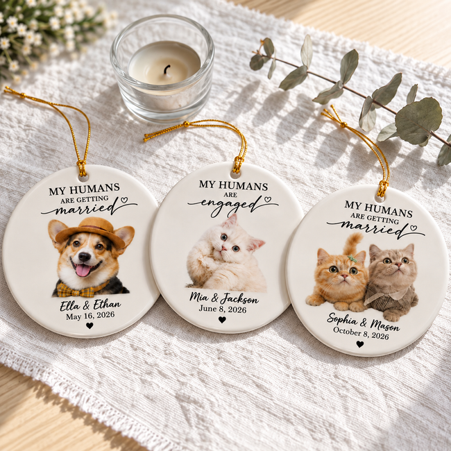 Personalized Pet Engagement & Wedding Ornament, Custom Dog & Cat Photo Christmas Ornament Main Image