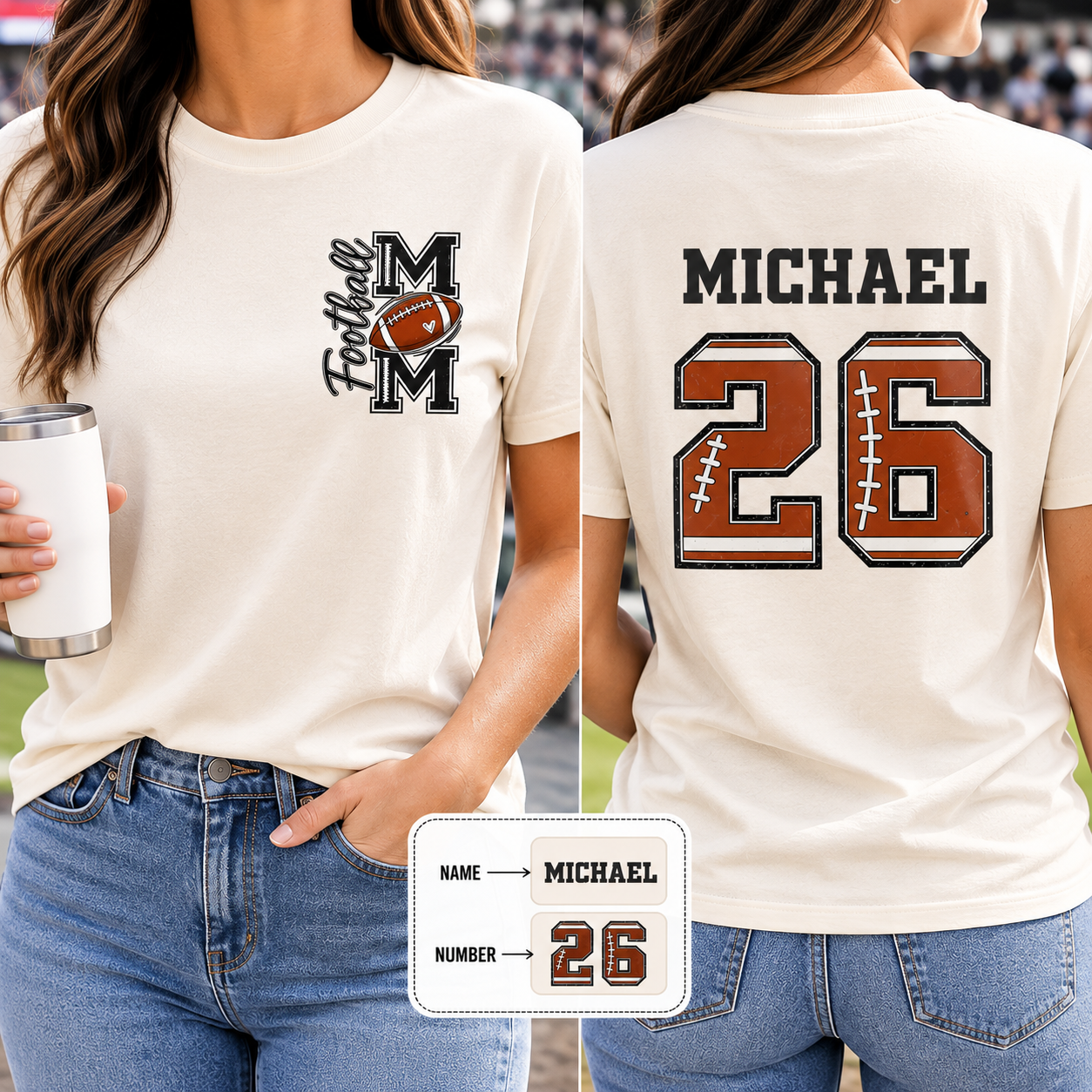 Personalized Football Mom Game Day Shirt, Custom Football Shirt with Kid Name & Jersey Number