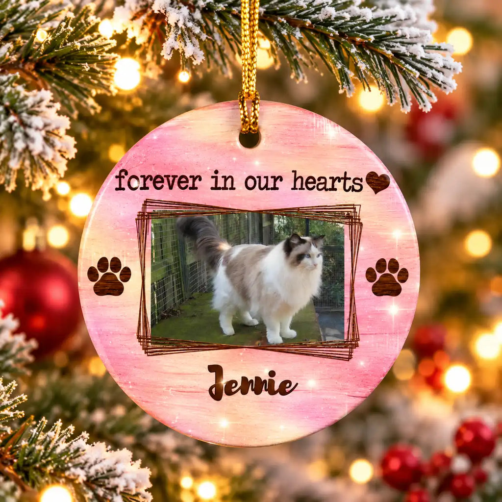 Personalized Pet Memorial Ceramic Ornament – Custom Dog Cat Photo & Name, Forever in Our Hearts Christmas Keepsake Gift