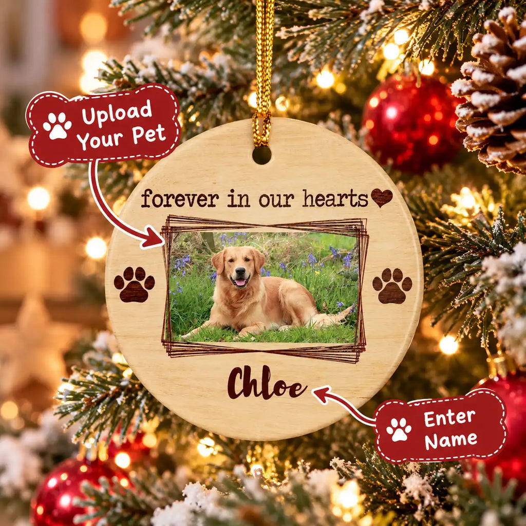 Personalized Pet Memorial Ceramic Ornament – Custom Dog Cat Photo & Name, Forever in Our Hearts Christmas Keepsake Gift